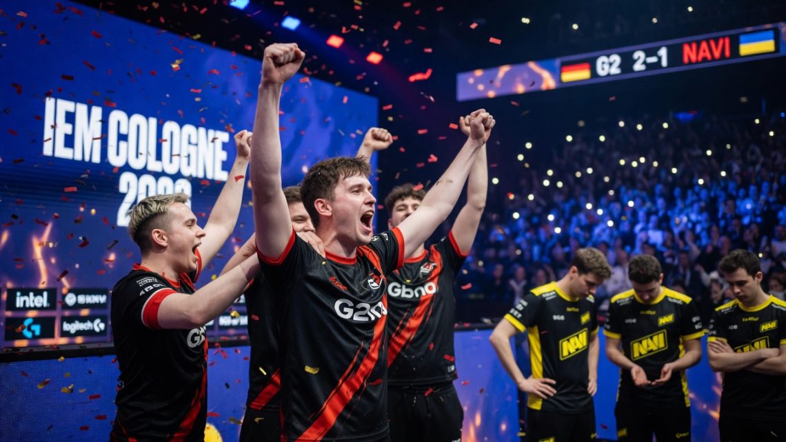 G2 Esports celebrate on stage with confetti after defeating NAVI 2–1 at the IEM