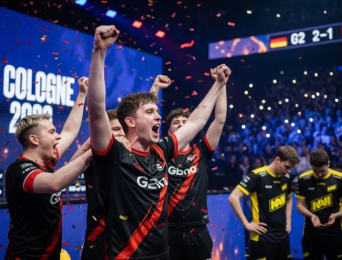 G2 Esports celebrate on stage with confetti after defeating NAVI 2–1 at the IEM